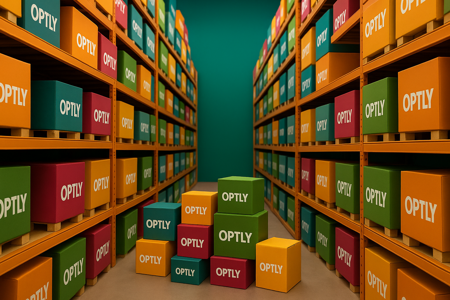 OPTLY branded warehouse with organized inventory