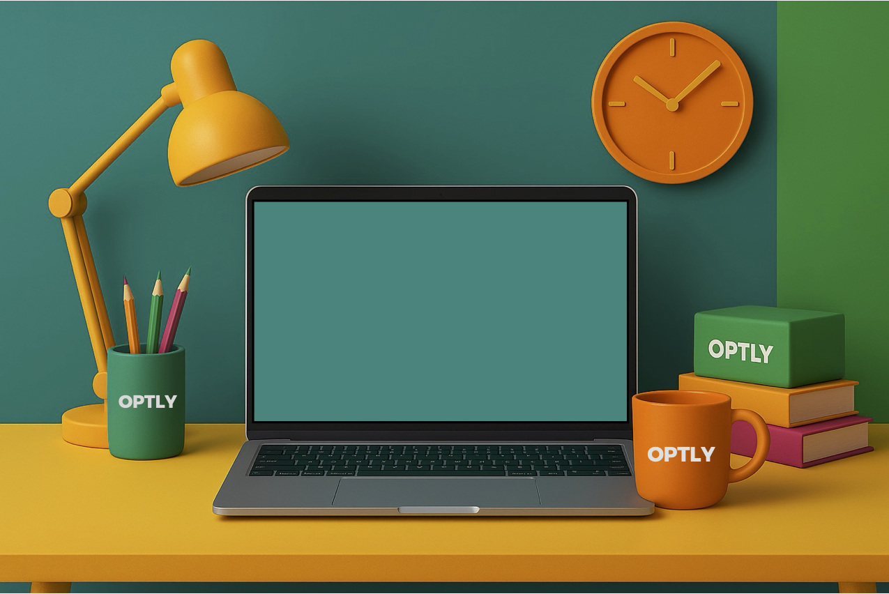 OPTLY workspace with laptop, colorful brand elements and branded box