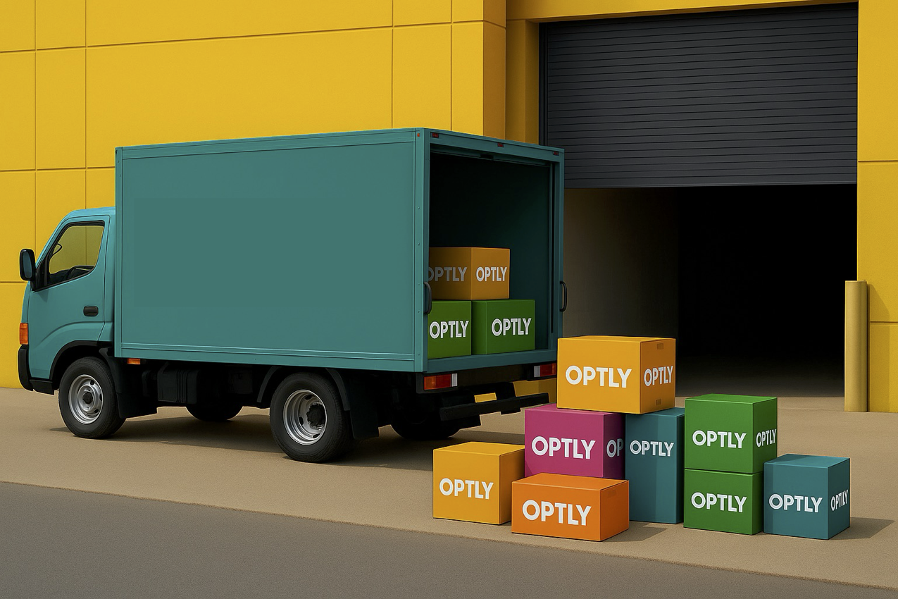 OPTLY delivery truck with colorful branded boxes being unloaded